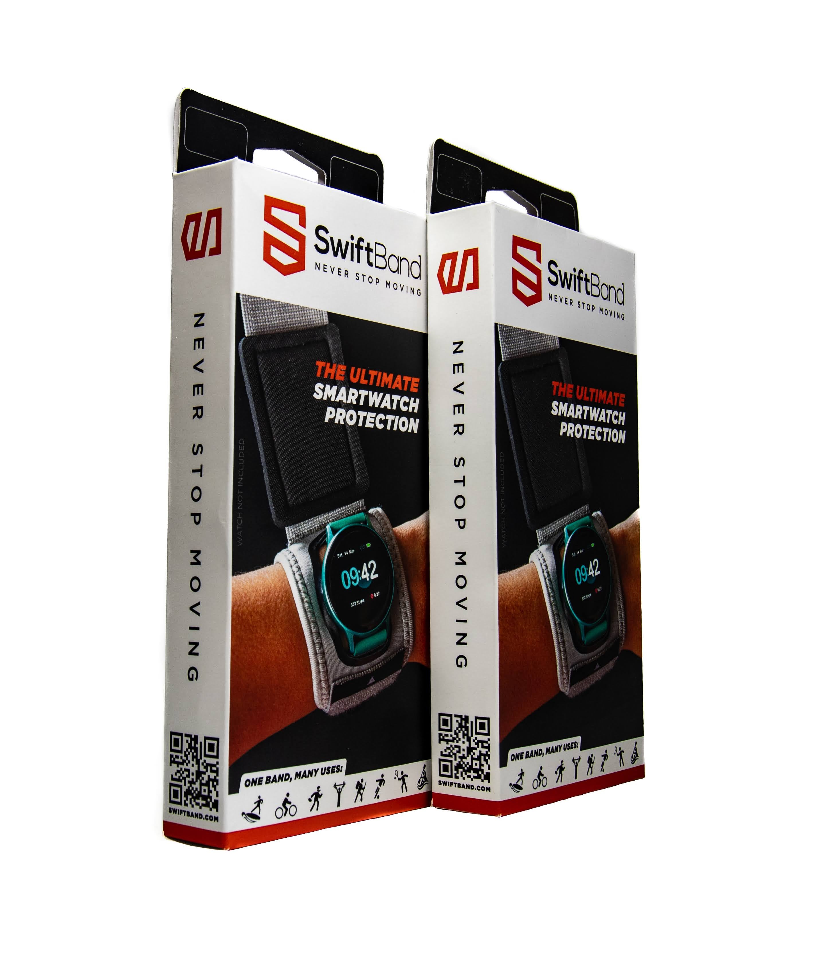 Two boxes of SwiftBand smartwatch protection packaging on a white background
